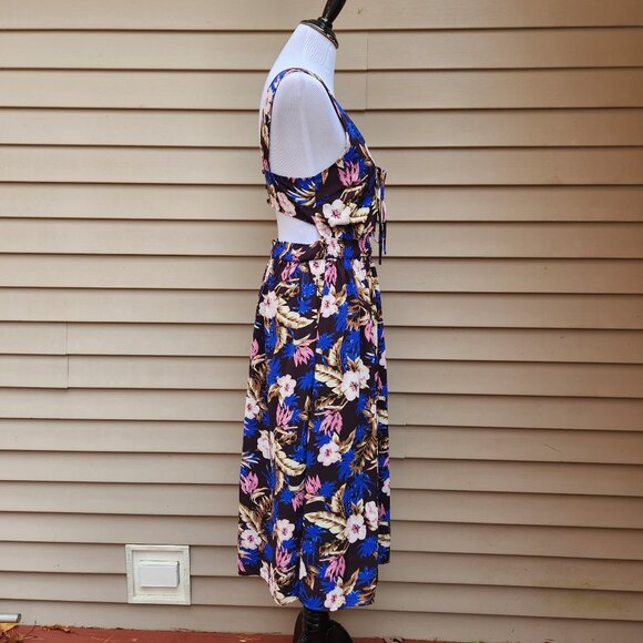 Everly Dark Purple Midi Dress Multicolor Floral Print Open-Back Lace-Up Neck - Picture 11 of 13